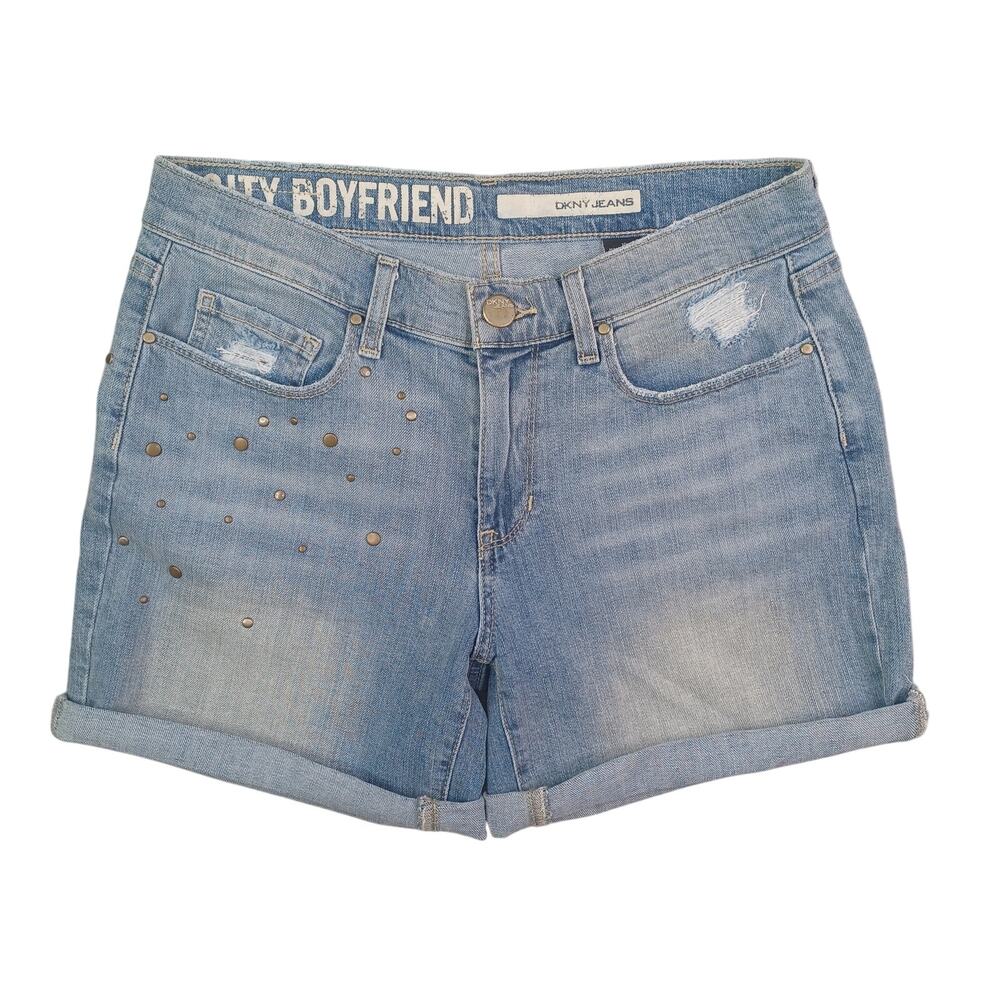 DKNY Jeans City Boyfriend Denim Shorts Women Size 10 Blue Studded Midi Cuffed